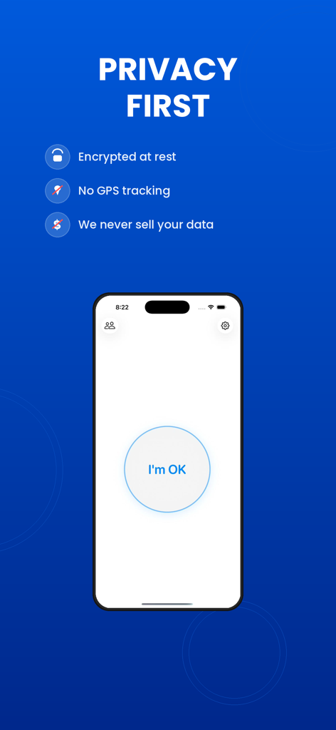 DayTap — Daily Check-In - DayTap app screen highlighting privacy features and the one-tap check-in button