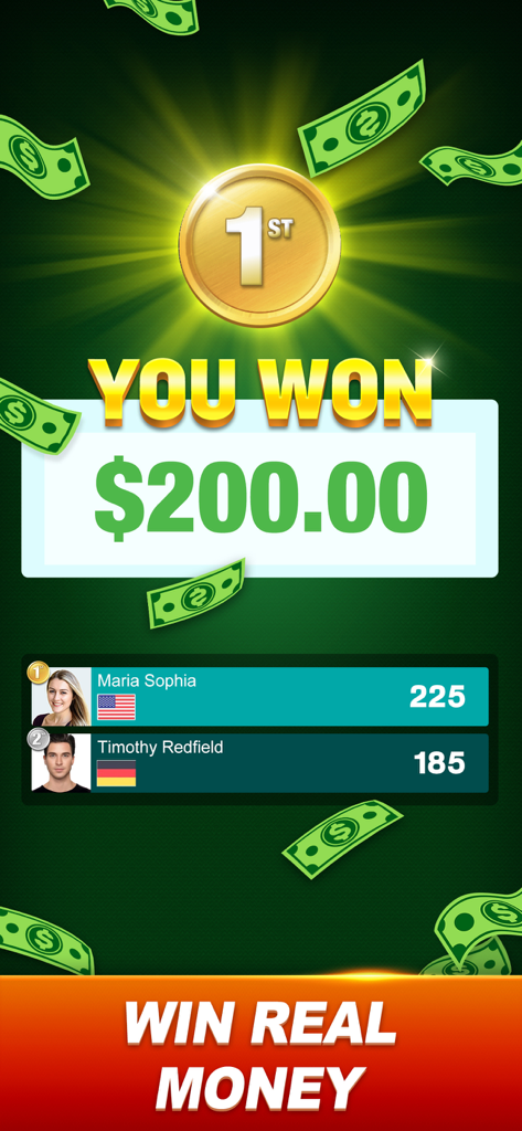 Dominoes Cash: Win Real Money - Victory screen showing a 200 dollar prize in Dominoes Cash.