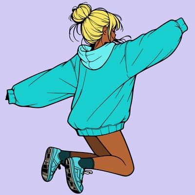realistic girl jumping with a bun and oversized sweatshirt