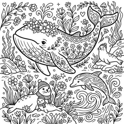 Immerse yourself in the enchanting blend of ocean wonder and rustic charm with this delightful Cottagecore Marine Mammals coloring page. Discover whales, dolphins, and seals adorned with flowers and cozy accessories, all nestled in a whimsical natural setting ready for your creative touch.