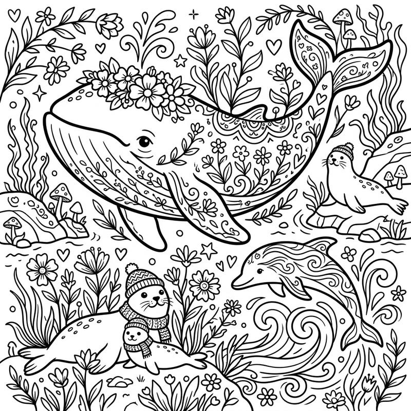 Immerse yourself in the enchanting blend of ocean wonder and rustic charm with this delightful Cottagecore Marine Mammals coloring page. Discover whales, dolphins, and seals adorned with flowers and cozy accessories, all nestled in a whimsical natural setting ready for your creative touch.