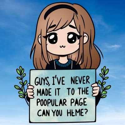 a girl holding up a sign that says, guys, i’ve never made it to the popular page, can you help me?