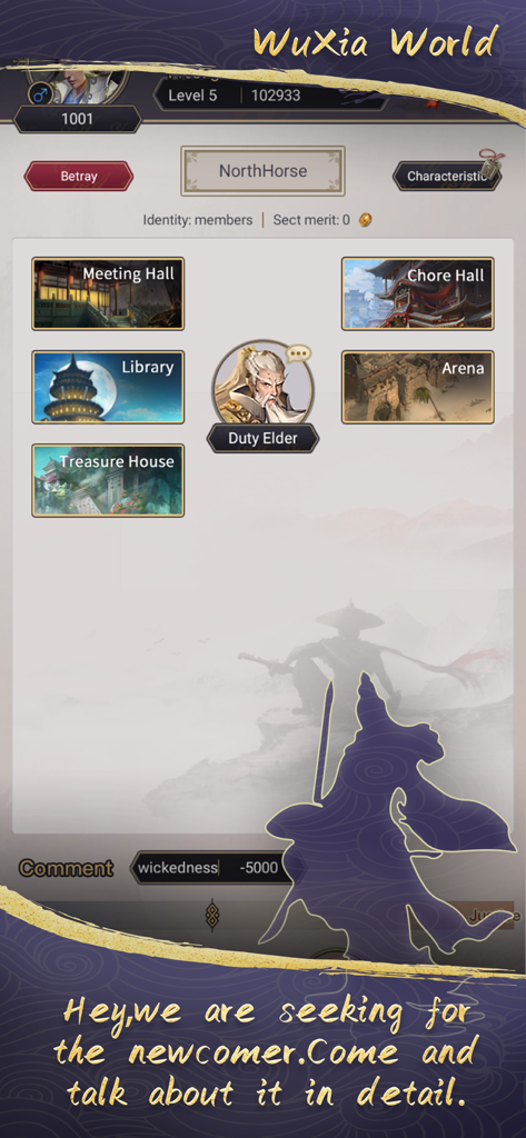 WuXia World - WuXia World RPG game interface showing sect locations including Meeting Hall, Arena, and Library with the Duty Elder character.