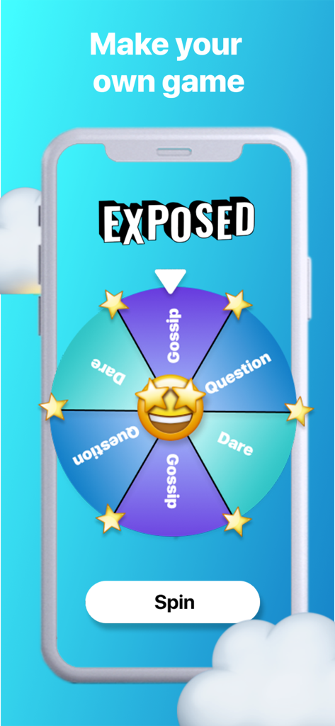 Exposed app interface showing a colorful spinning wheel with gossip, dare, and question categories