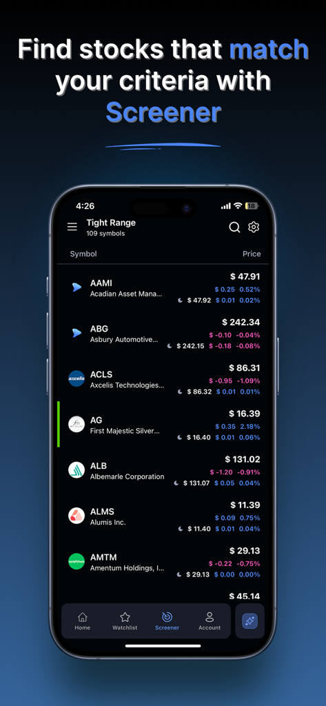 Deepvue‎ - Deepvue app interface displaying a stock screener with a list of companies and their real time prices