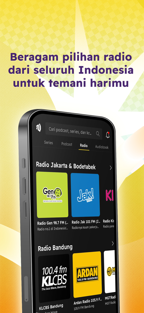 The NOICE app interface displaying a selection of live radio stations from Jakarta and Bandung Indonesia