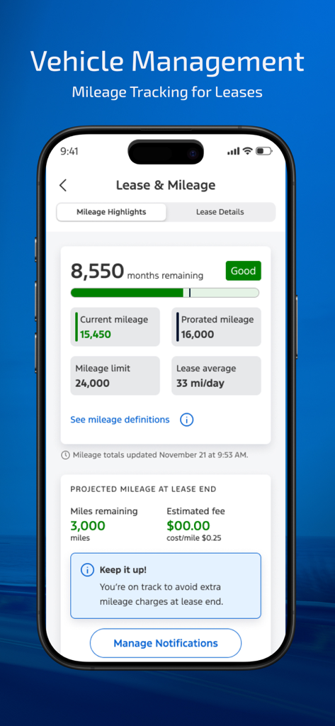 Ford Credit mobile app screen showing lease mileage tracking details and projected miles