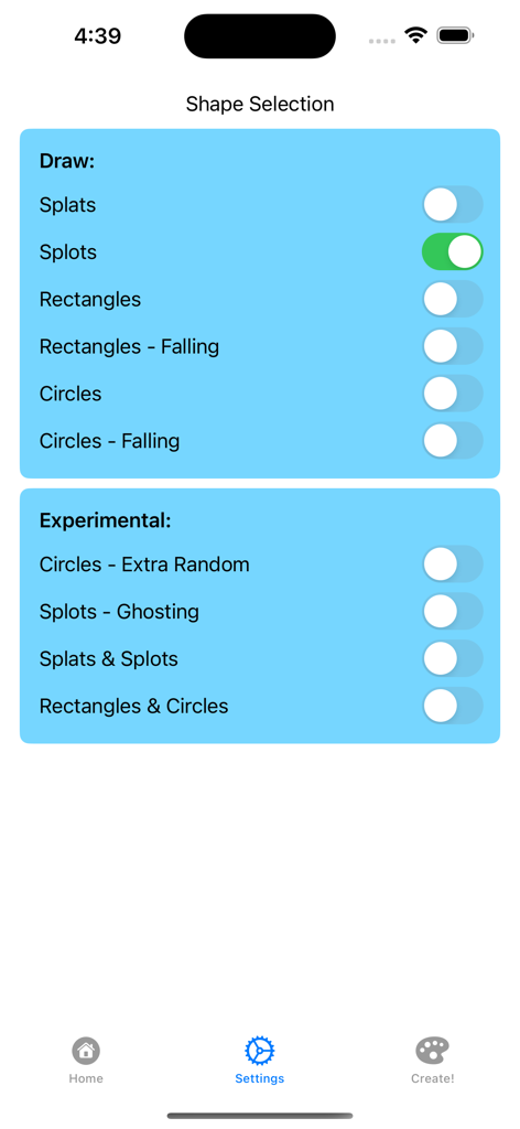 Paint By Splat! - Shape selection settings screen in the Paint By Splat app featuring toggle switches for different brush shapes like splats and circles
