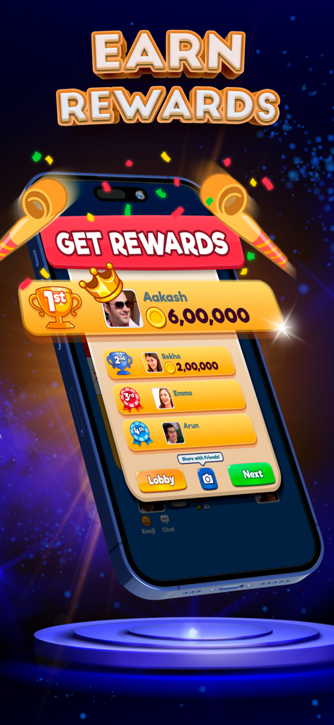 A smartphone showing the Ludo Club app leaderboard screen with players earning large coin rewards.