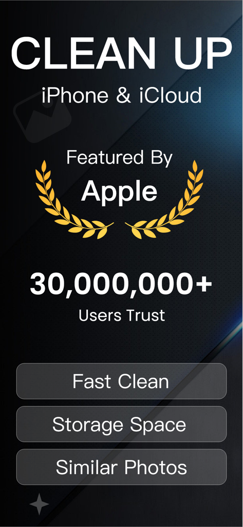 Promotional screen for Easy Cleaner showing iPhone and iCloud cleanup features with Apple featured badge