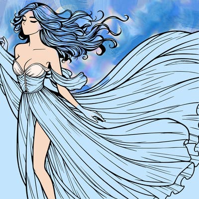 realistic woman in dress flowing the the wind