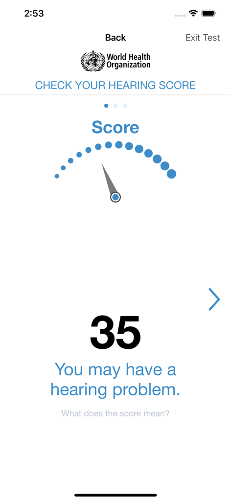hearWHO - Check your hearing! - A screen from the hearWHO app displaying a hearing test score of thirty five with a message indicating a potential hearing problem.