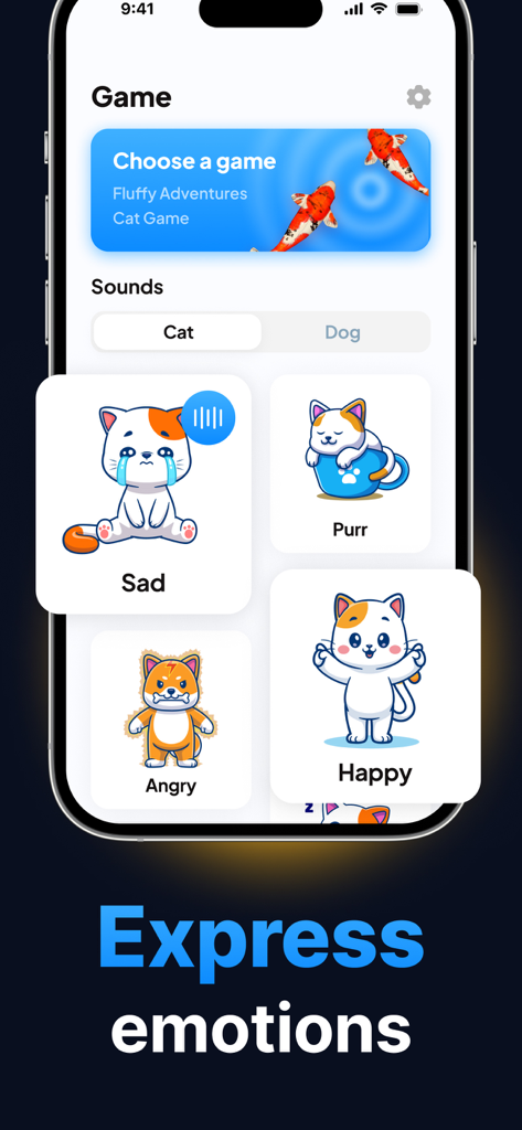 Dog & Cat Translator. - Pantalla de la aplicación móvil que muestra botones de sonido para diferentes emociones de mascotas como feliz y triste