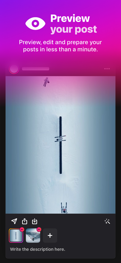 A screenshot of the Toolbox for Instagram app interface showing the preview and edit post feature with a photo of a skier.