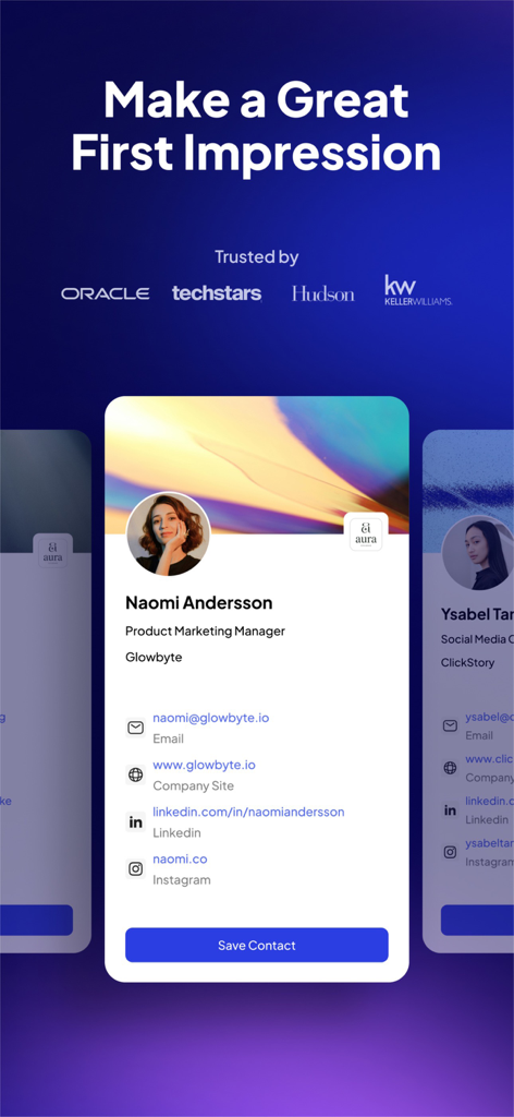 Fluer: Digital Business Card - Interfaccia di un biglietto da visita digitale con dettagli di contatto professionali e foto del profilo nell'app Fluer
