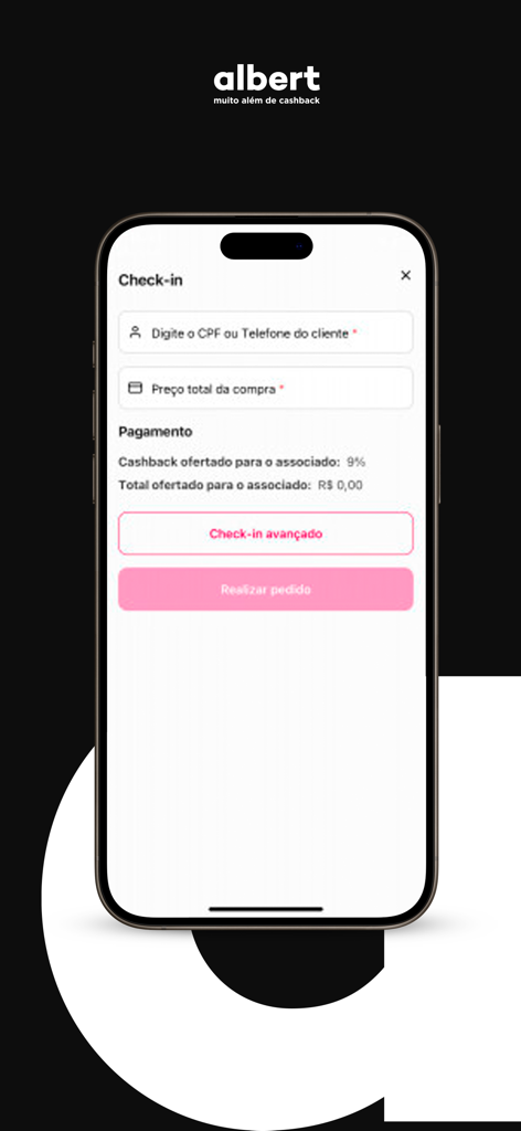 oi, albert para parceiros - Mobile app interface showing the check-in process for partner merchants to enter customer details and transaction amounts for cashback rewards