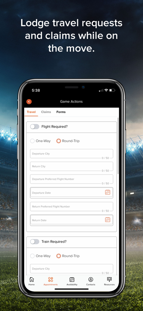 Écran de l'application mobile montrant un formulaire de demande de déplacement pour que les arbitres sportifs soumettent leurs demandes de remboursement de vols et de trains