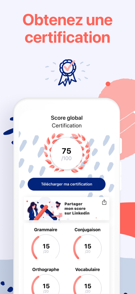 Orthographe : cours et quiz - フランス語の認定スコアと結果画面