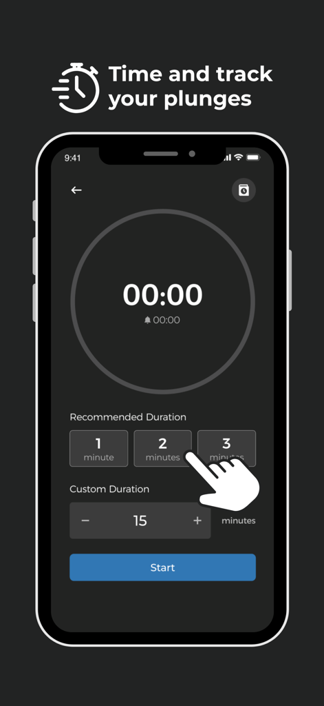 Nuvio - The Nuvio app interface showing a timer screen to set and track cold plunge sessions with recommended duration options.