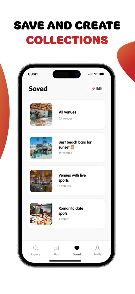 Hoppy: Spend Less, Do More. - Hoppy-App-Oberfläche, die gespeicherte Veranstaltungs-Sammlungen wie Strandbars und romantische Date-Spots anzeigt