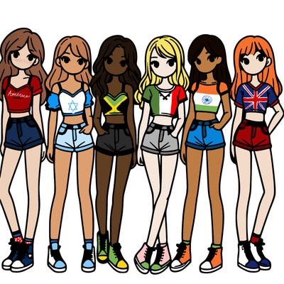a group of girls wearing crop tops and shorts