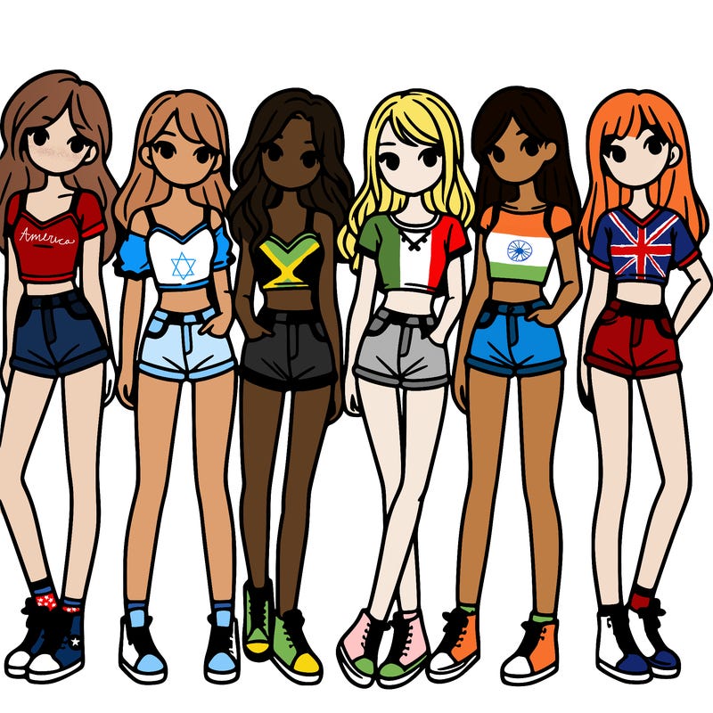 a group of girls wearing crop tops and shorts