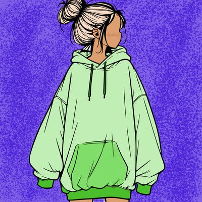 realistic girl with a oversized sweatshirt on and a bun