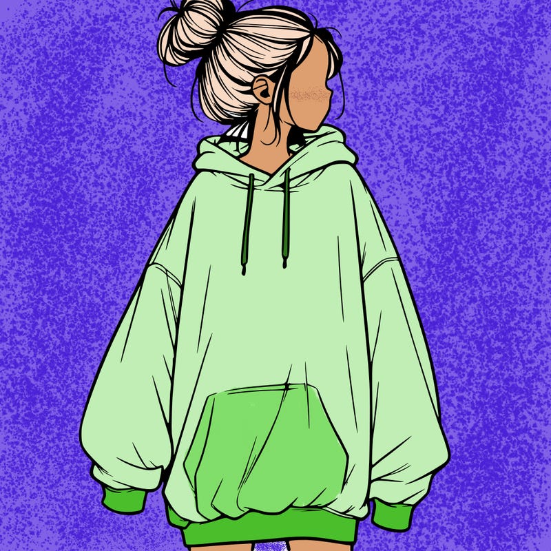 realistic girl with a oversized sweatshirt on and a bun