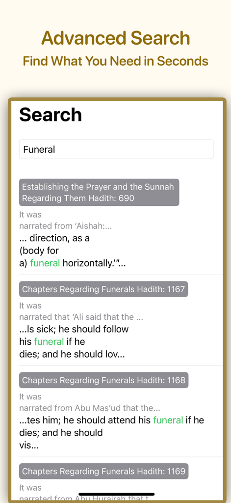 Interfaz de búsqueda avanzada de la aplicación Sunan Ibn Majah mostrando resultados para funeral