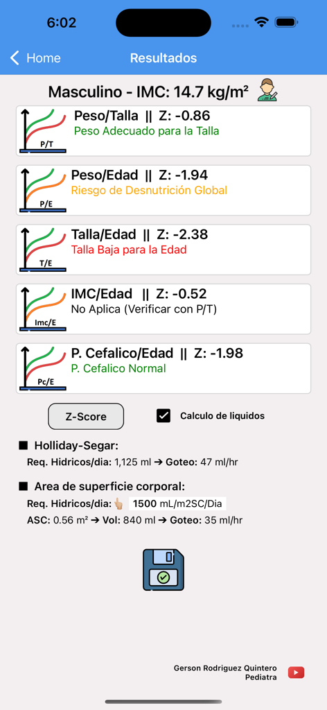 Pediatric growth results screen showing z-scores for weight, height, BMI, and fluid requirement calculations in the OMS AnthroP app