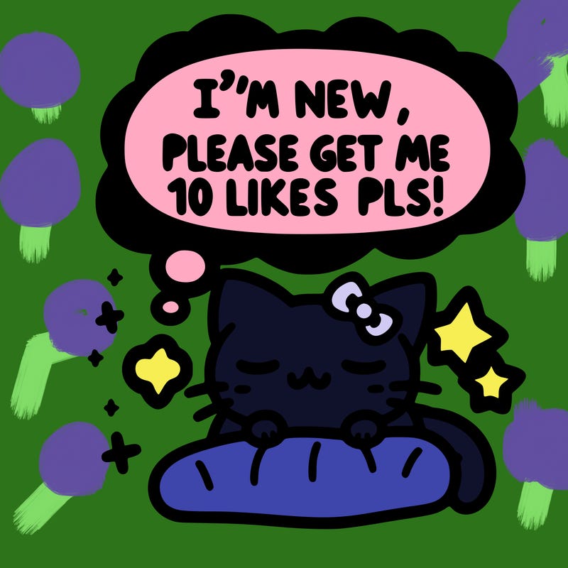 kitty taking a nap dream talking and saying "i'm new, please get me at least 10 likes pls!!"