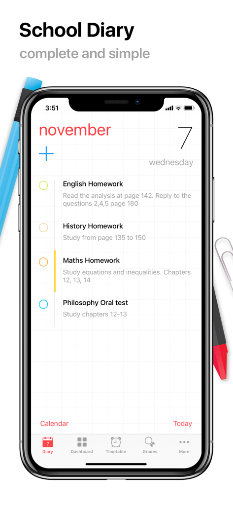 Pantalla de un smartphone mostrando la aplicación Smart Diary Edu con una lista de tareas y exámenes escolares organizados por fecha.