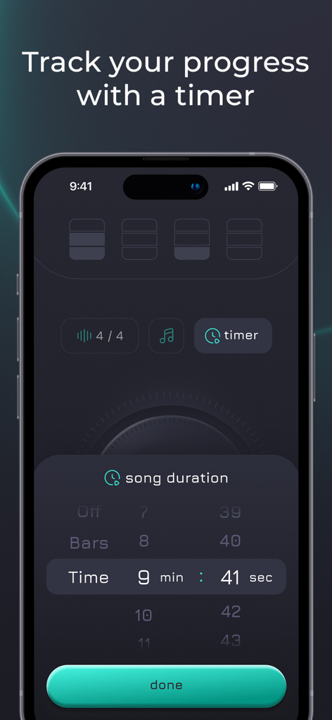 Metronome – Beats & Tempo - Metronome app interface showing the practice timer and song duration selector