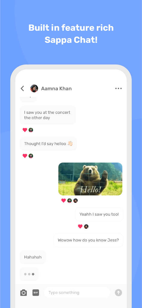 Sappa - メッセージ、リアクション、ハローGIFを示す近接ベースの会話を示すSappaアプリのチャットインターフェースのスクリーンショット