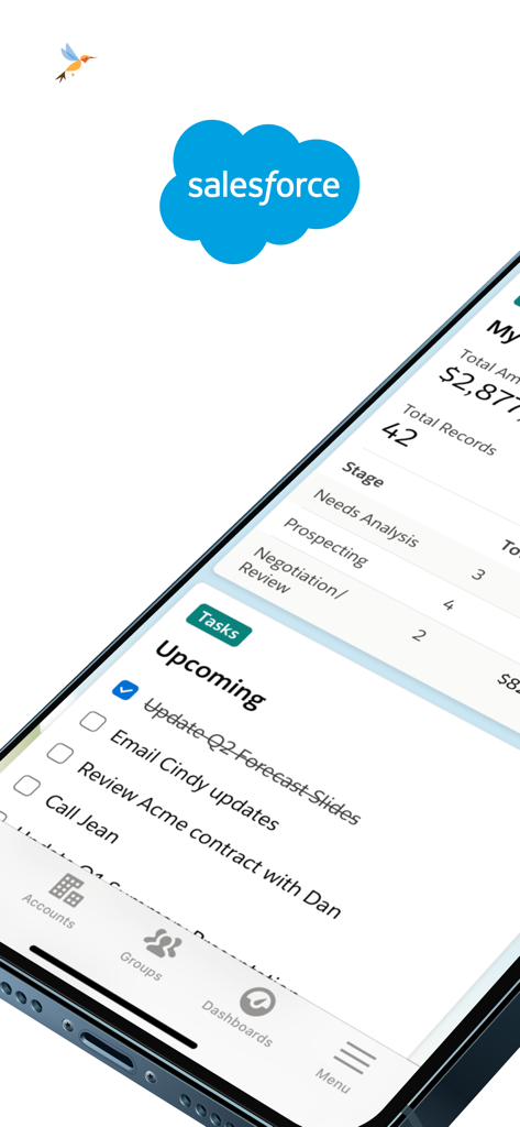 iPhoneのSalesforceモバイルアプリのインターフェース。今後のタスクと販売パイプラインのデータが表示されています。