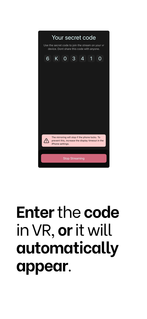 Spatial Phone : Mirror - A secret code on an iPhone screen for pairing with a VR headset using the Spatial Phone Mirror app.