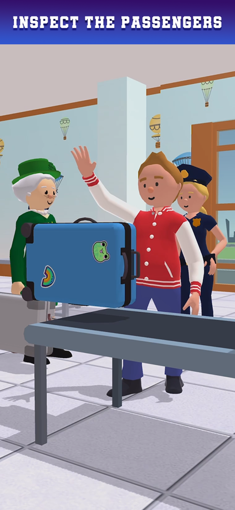 3D 캐릭터들이 공항 보안 검색대에서 승객이 검사를 위해 컨베이어 벨트에 파란색 여행 가방을 올려놓고 있습니다.