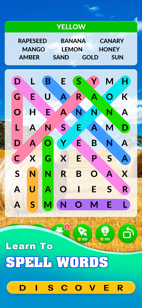 Word Search Master! - Um quebra-cabeça de busca de palavras do aplicativo Word Search Master apresentando um tema amarelo e texto educacional