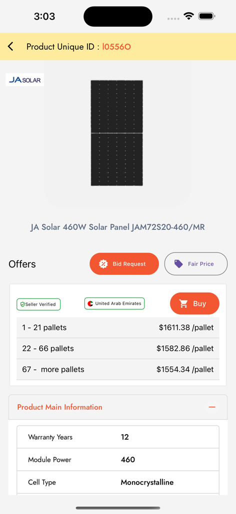 B2B marketplace product page for a JA Solar 460W panel showing tiered bulk pricing and technical specifications