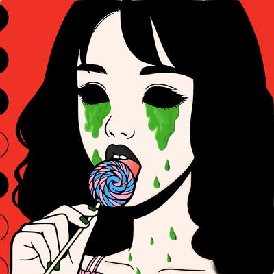 a realistic girl eating candy