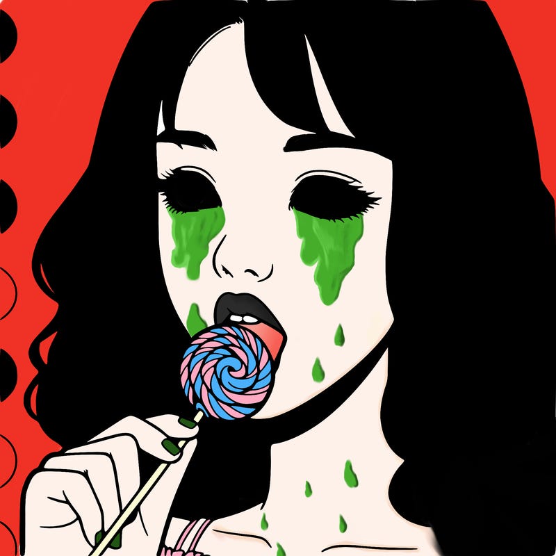 a realistic girl eating candy