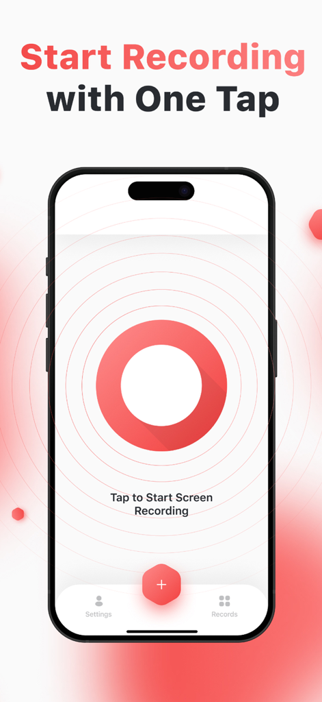 Screen Recorder: Record App.X - iPhone screen displaying the Screen Recorder app with a large red button to start recording with one tap