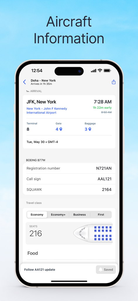 Aircraft information screen showing arrival details terminal gate and seating chart in Planes Live app