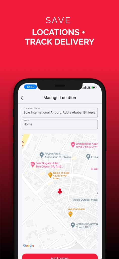 ZMall Delivery app screen for managing saved addresses and viewing delivery locations on a map