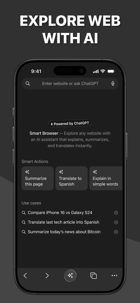 Interface mobile de l'AI Browser montrant des actions intelligentes comme le résumé de page et la traduction alimentés par ChatGPT.