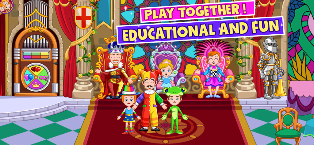 Personagens incluindo um rei, rainha e crianças em fantasias dentro de um salão do trono real colorido.