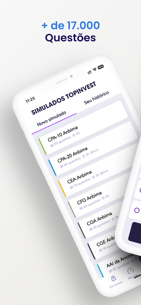 Simulados Topinvest - Tela do aplicativo móvel Simulados Topinvest mostrando uma lista de exames de certificação financeira como CPA-10 e CPA-20 Anbima