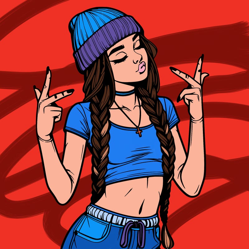 realistic teenage girl with braids and a beanie and crop top doing 🫶🏼