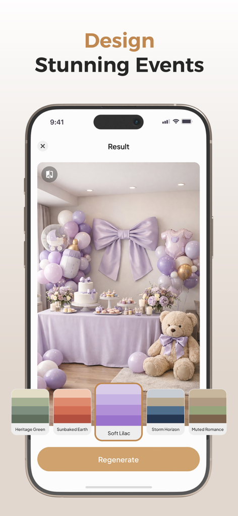 HomeSnap - AI Home Design - Interfaz de aplicación móvil que muestra un diseño de evento de baby shower generado por IA en una suave paleta de colores lila.