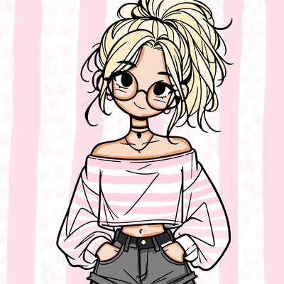 girl with a messy ponytail glasses a baggy crop top and jean shorts